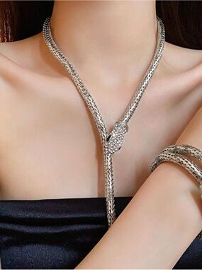 Silver Snake  head Crystal Pendant Lariat Necklace